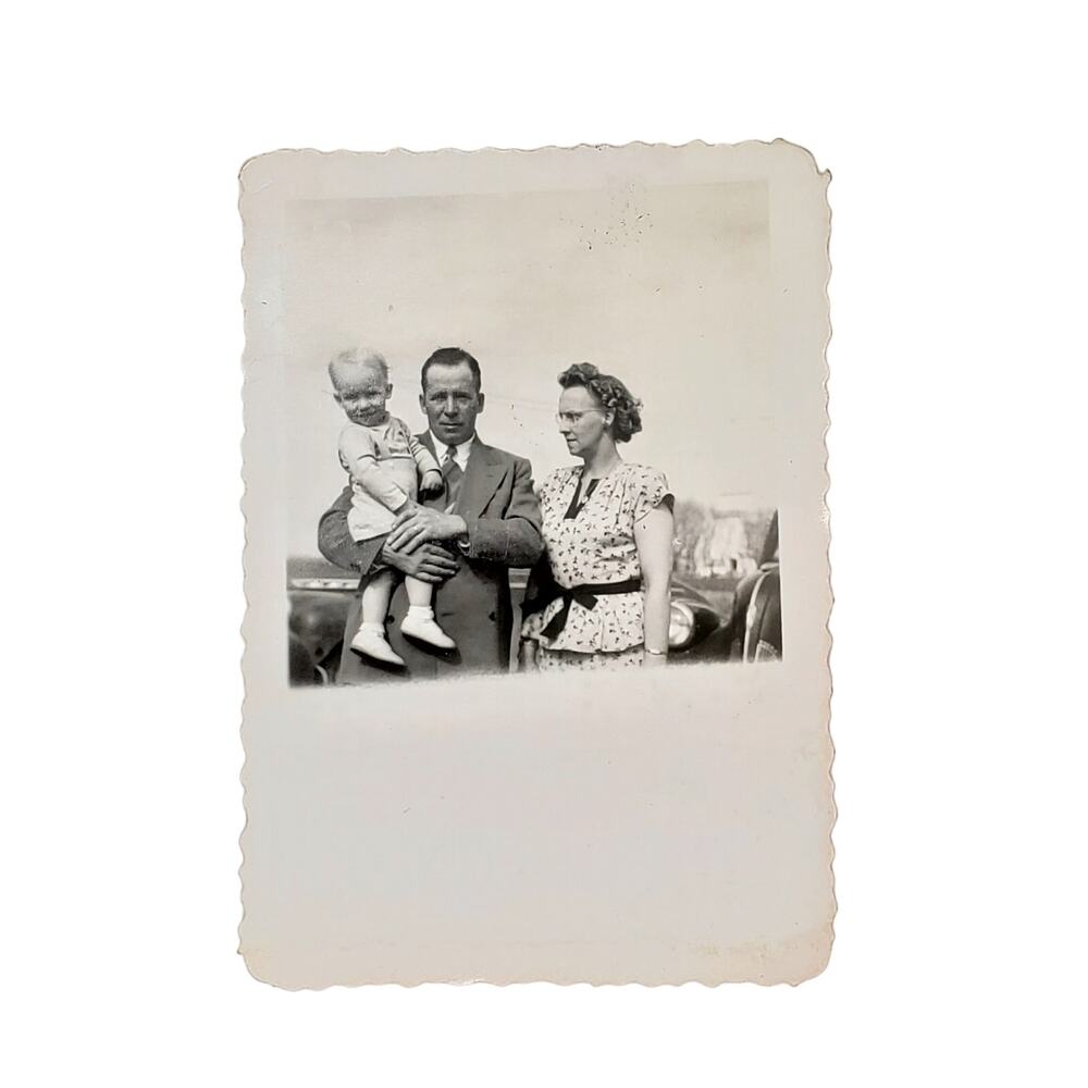 Vtg Mother & Father with Baby Monochrome Photography Found Snapshot Portrait